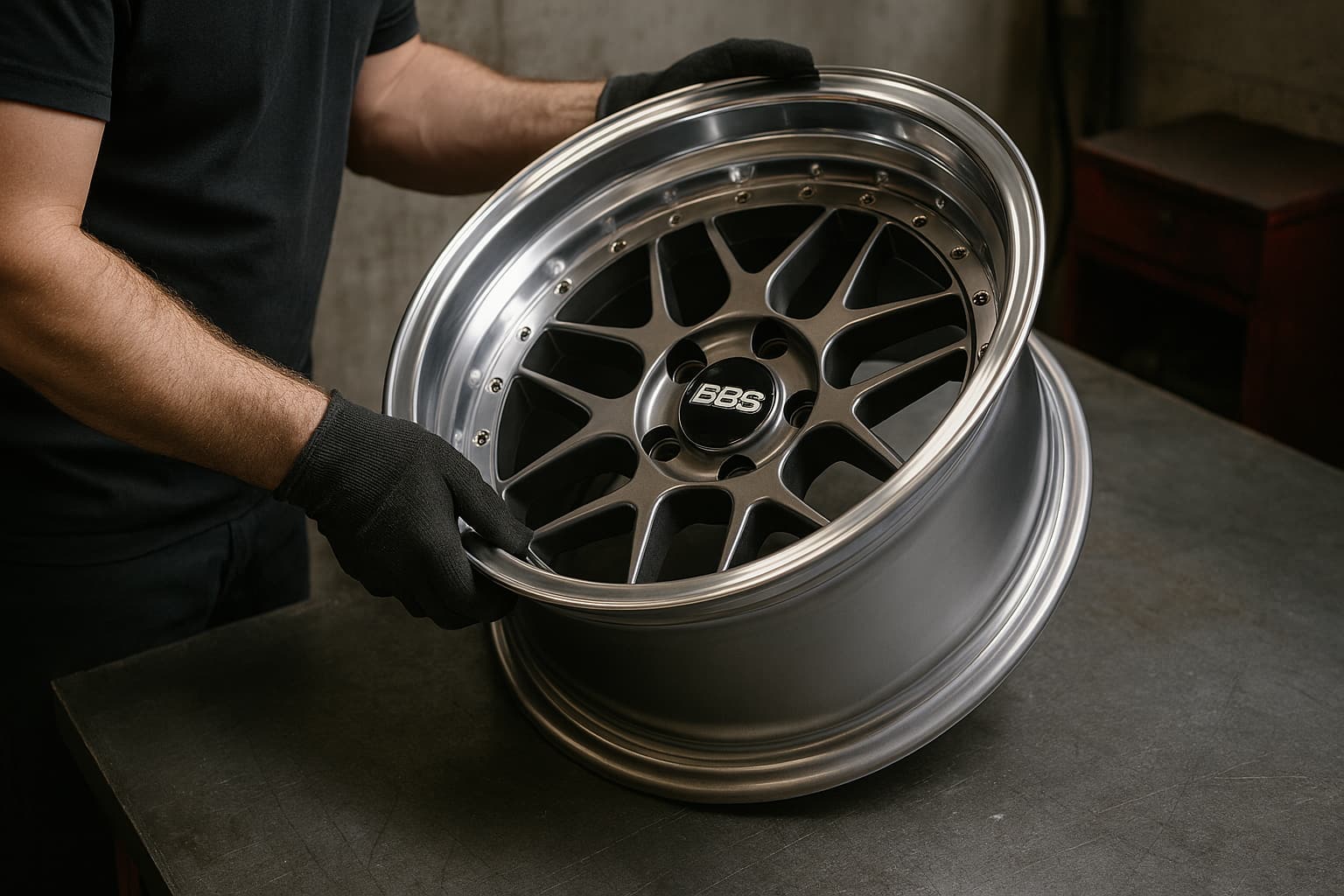 Mécanicien assemblant un voile extérieur et tonneau intérieur de jante aluminium BBS split rim dans un atelier professionnel